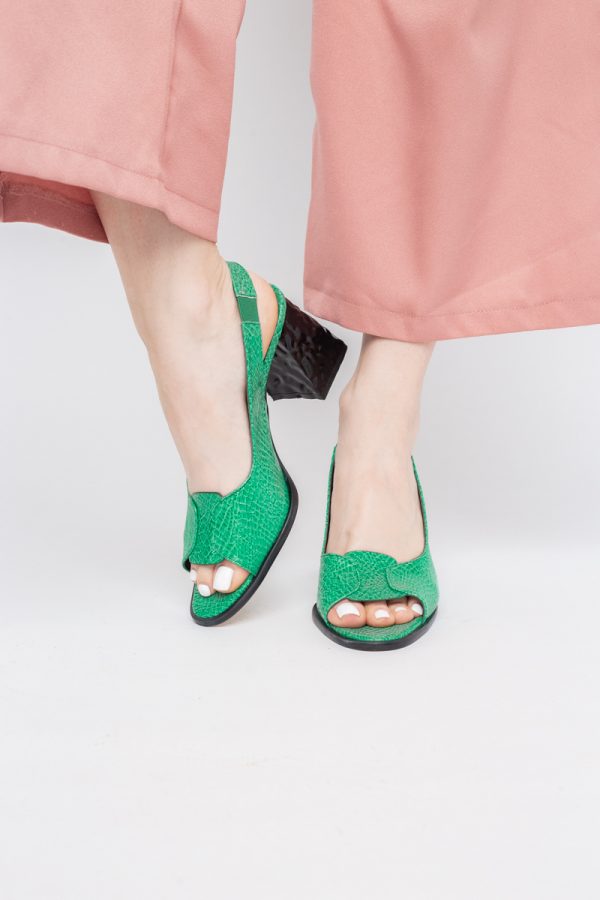 Sandale cu Toc gros Varf Rotund piele ecologică txturată culoare Verde (BS671SN2404155) 121