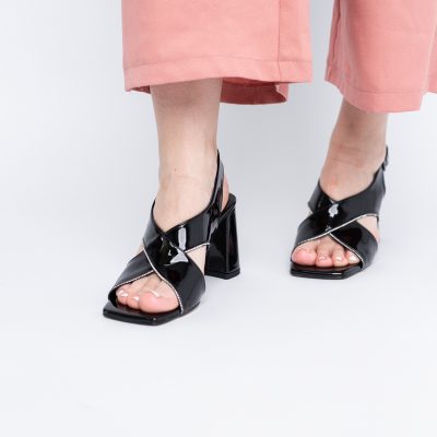 Sandale damă cu toc gros varf drept din piele ecologică negre BS301SN2404087
