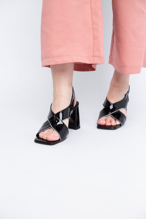 Sandale damă cu toc gros varf drept din piele ecologică negre BS301SN2404087 119