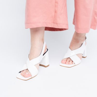 Sandale damă cu toc gros varf drept din piele ecologică albe BS301SN2404037