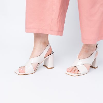 Sandale damă cu toc gros varf drept din piele ecologică bej BS301SN2404038