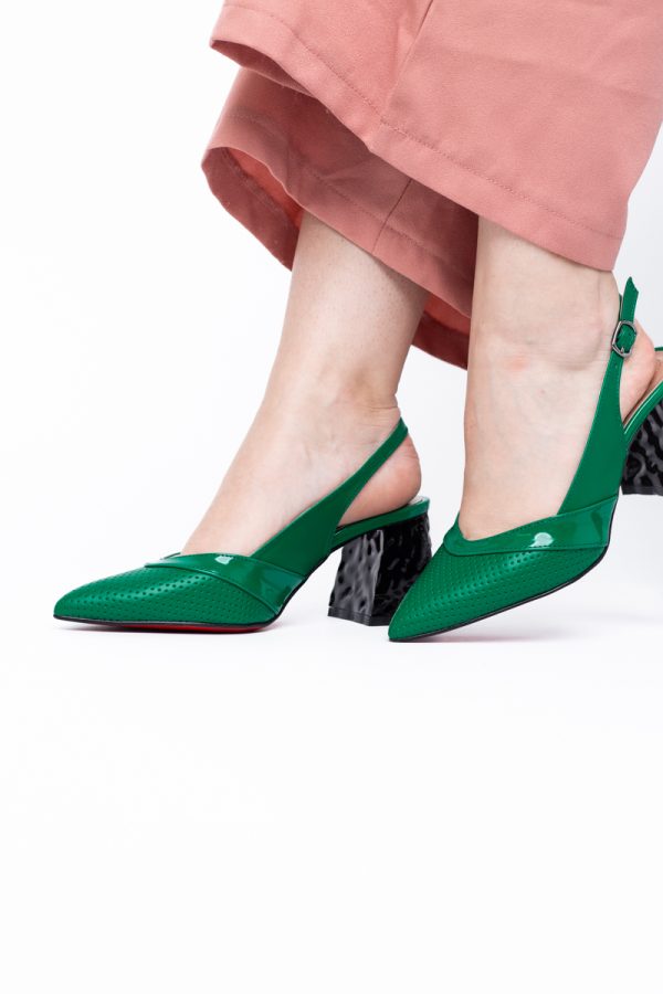 Pantofi Dama decupați cu Toc Piele Ecologica cu perforații verde BS771AY2404242 119
