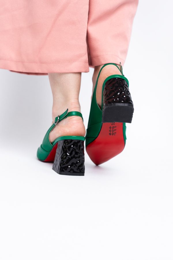 Pantofi Dama decupați cu Toc Piele Ecologica cu perforații verde BS771AY2404242 123