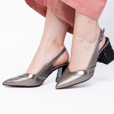 Pantofi Dama decupați cu Toc Piele Ecologica cu perforații platina BS771AY2404241