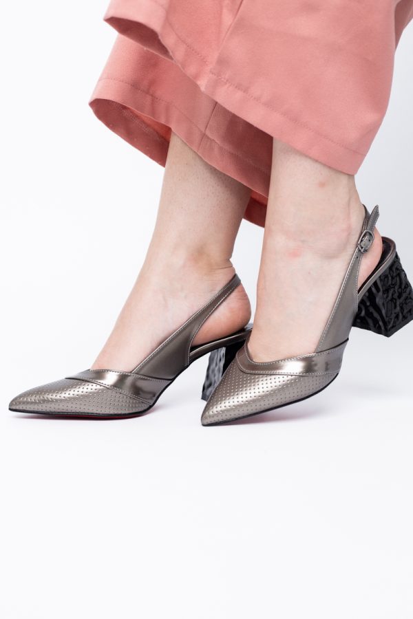 Pantofi Dama decupați cu Toc Piele Ecologica cu perforații platina BS771AY2404241 119