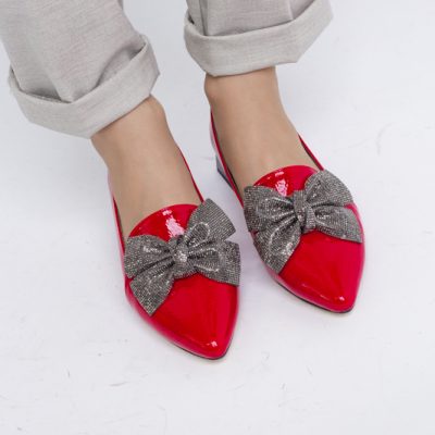 Pantofi cu Toc Jos Eleganti cu Fundita din Piele Ecologica culoare roșu lac (BS162BA2404069)