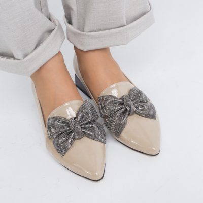 Pantofi cu Toc Jos Eleganti cu Fundita din Piele Ecologica culoare bej lac (BS162BA2404068)