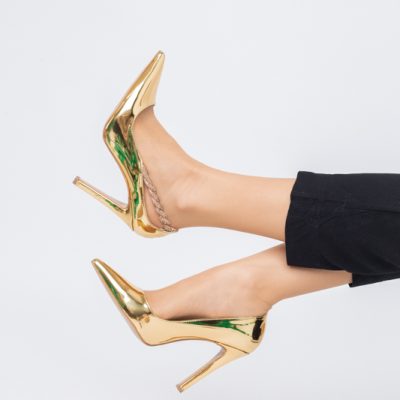 Pantofi Stiletto Damă cu Toc din Piele Ecologică cu pietricele impletite Auriu (BS505AY2404020)
