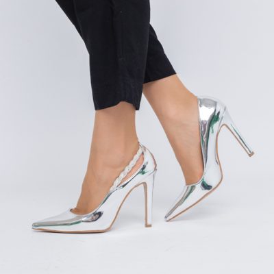 Pantofi Stiletto Damă cu Toc din Piele Ecologică cu pietricele impletite Argintiu (BS505AY2404021)