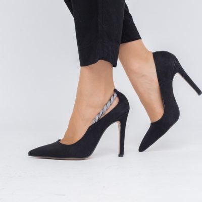 Pantofi Stiletto Damă cu Toc din Piele Ecologică cu pietricele impletite Negru mat (BS505AY2404026)