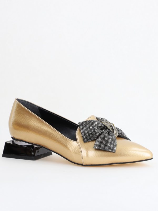 Incaltaminte Dama - Pantofi cu Toc Jos Eleganti cu Fundita din Piele Ecologica culoare Auriu (BS162BA2404067)