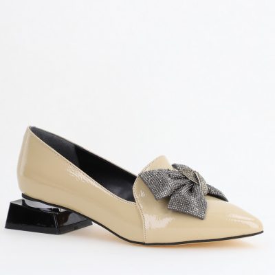 Pantofi cu Toc Jos Eleganti cu Fundita din Piele Ecologica culoare bej lac (BS162BA2404068)