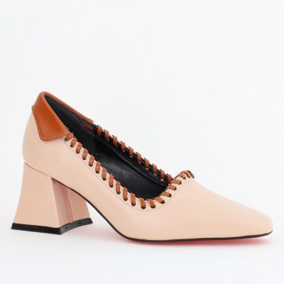 Pantofi Damă cu Toc din Piele Ecologică Bej cu Maro BS607AY2404060