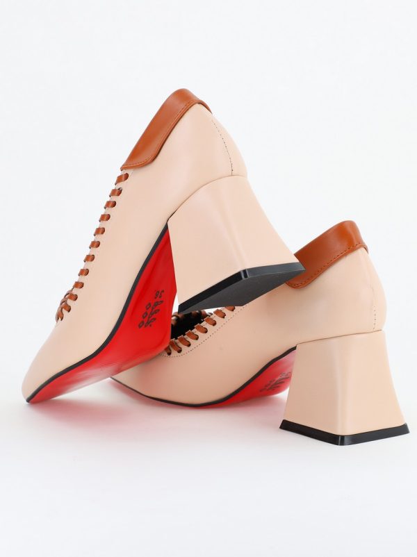 Pantofi Damă cu Toc din Piele Ecologică Bej cu Maro BS607AY2404060 126