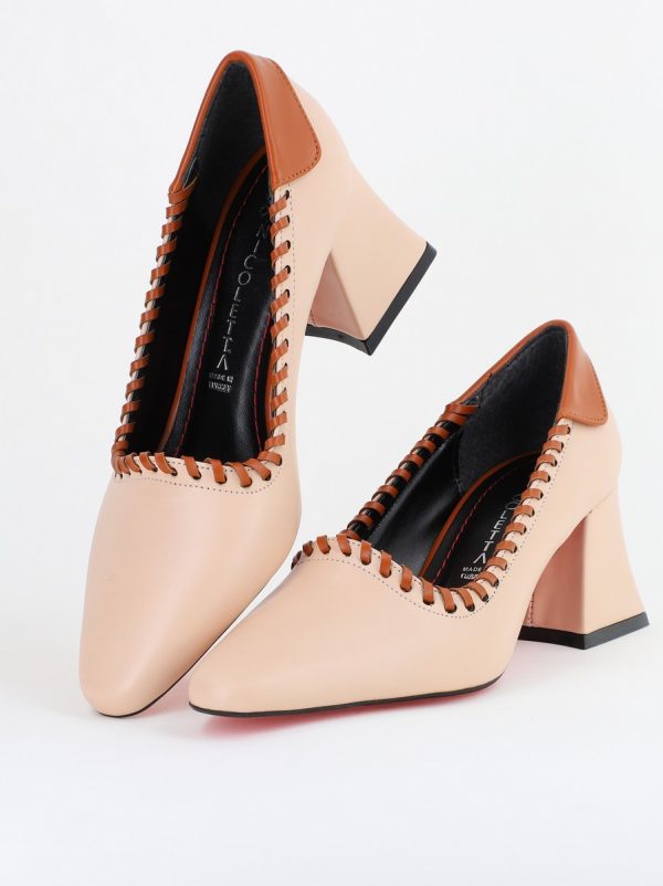 Pantofi Damă cu Toc din Piele Ecologică Bej cu Maro BS607AY2404060 120