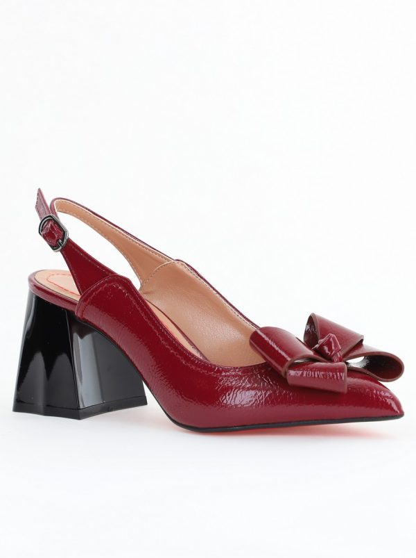 Pantofi cu Toc Gros Dama - Pantofi damă cu Toc Eleganti Decupați cu Fundiță din Piele Ecologica culoare Bordo - BS12000D2407741