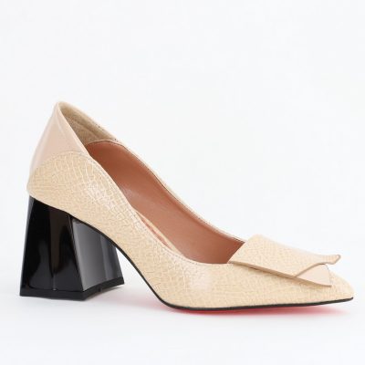 Pantofi Damă cu Toc Gros din Piele Ecologică Crem (BS2002D2404150)