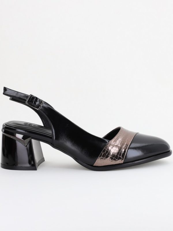 Pantofi Damă cu Toc Gros din Piele Ecologică culoare negru platina(BS201AY2403871) 122