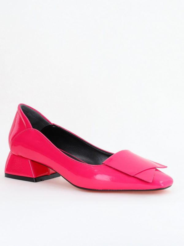 Incaltaminte Dama - Pantofi Damă cu Toc Jos din Piele Ecologică Fuchsia lac (BS500D2404062)