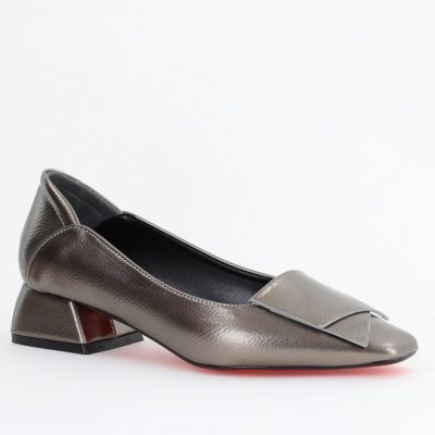 Pantofi Damă cu Toc Jos din Piele Ecologică Platina lac (BS500D2404065)