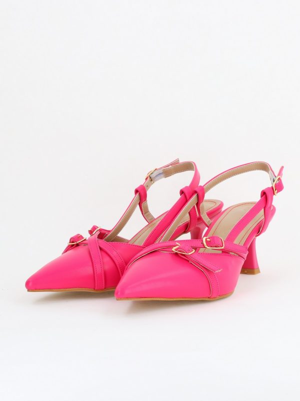 Pantofi Damă cu Toc Subțire din Piele Ecologică cu cataramă Fuchsia BS100AY2404143 122