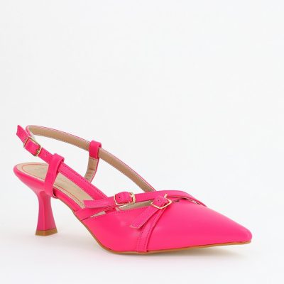 Pantofi Damă cu Toc Subțire din Piele Ecologică cu cataramă Fuchsia BS100AY2404143