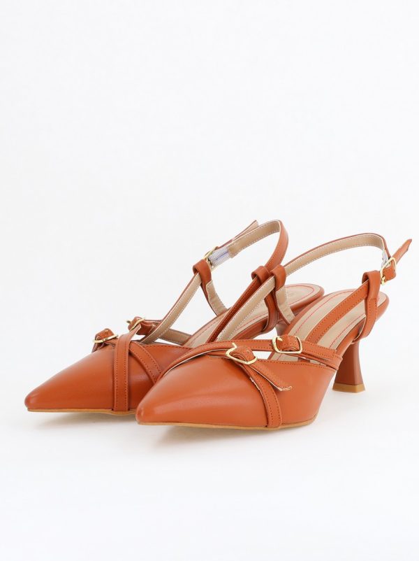 Pantofi Damă cu Toc Subțire din Piele Ecologică cu cataramă maro mat BS100AY2404146 122