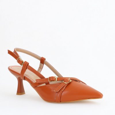 Pantofi Damă cu Toc Subțire din Piele Ecologică cu cataramă maro mat BS100AY2404146