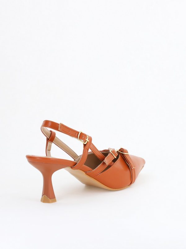 Pantofi Damă cu Toc Subțire din Piele Ecologică cu cataramă maro mat BS100AY2404146 126