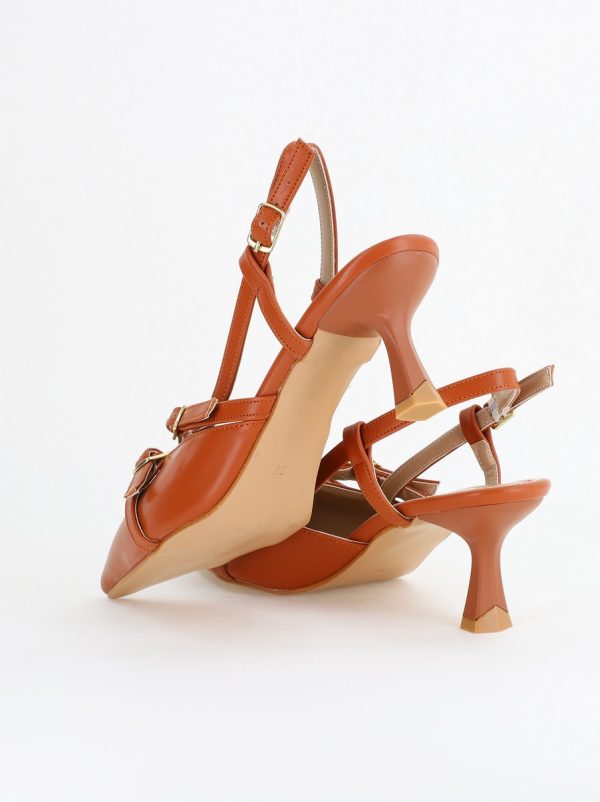 Pantofi Damă cu Toc Subțire din Piele Ecologică cu cataramă maro mat BS100AY2404146 120
