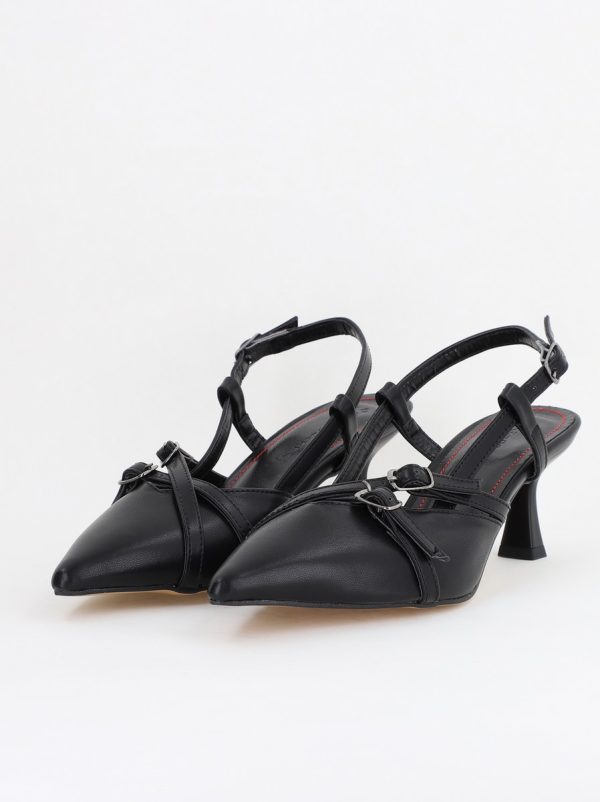 Pantofi Damă cu Toc Subțire din Piele Ecologică cu cataramă Negru mat BS100AY2404140 122