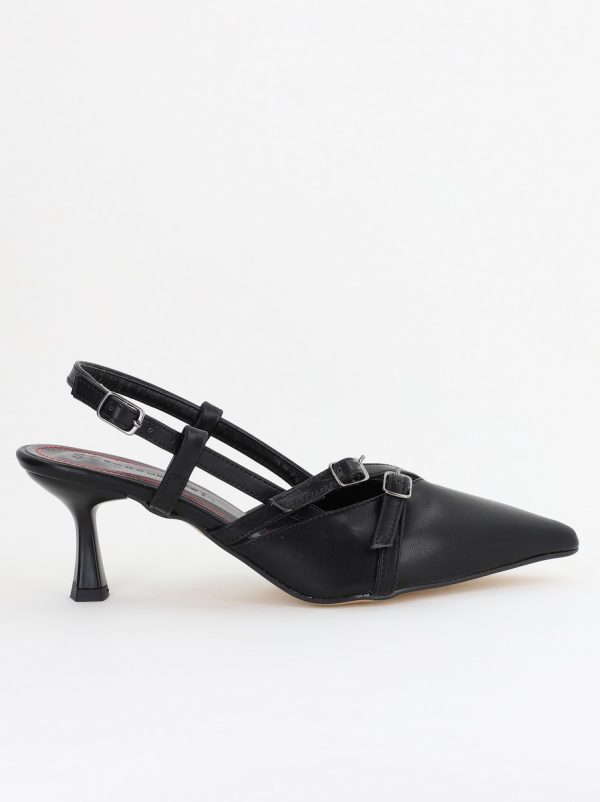 Pantofi Damă cu Toc Subțire din Piele Ecologică cu cataramă Negru mat BS100AY2404140 124