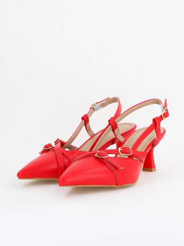 Pantofi Damă cu Toc Subțire din Piele Ecologică cu cataramă Roșu BS100AY2404141 122