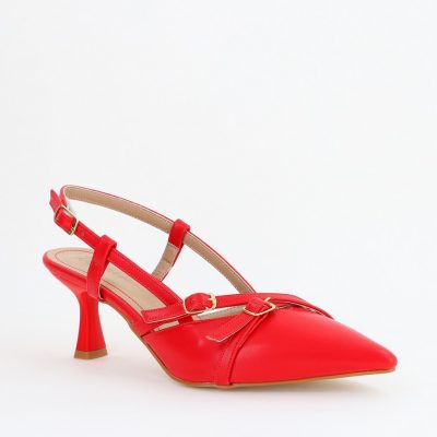 Pantofi Damă cu Toc Subțire din Piele Ecologică cu cataramă Roșu BS100AY2404141