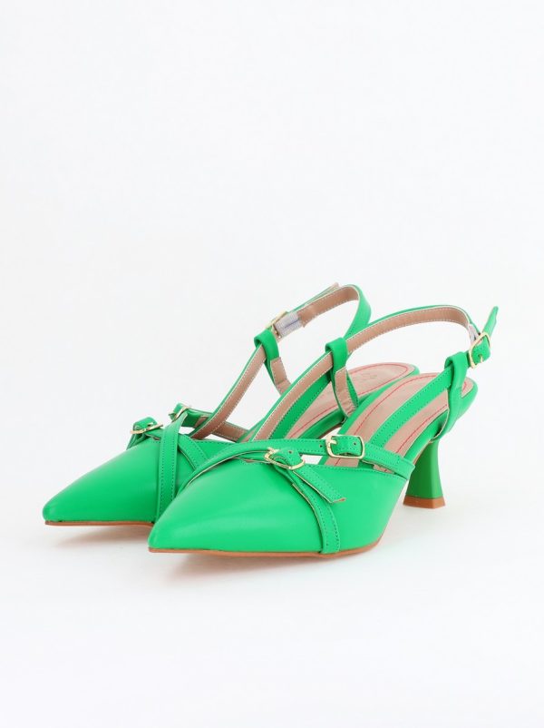 Pantofi Damă cu Toc Subțire din Piele Ecologică cu cataramă verde mat BS100AY2404147 122