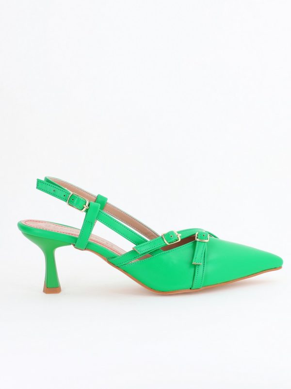 Pantofi Damă cu Toc Subțire din Piele Ecologică cu cataramă verde mat BS100AY2404147 124