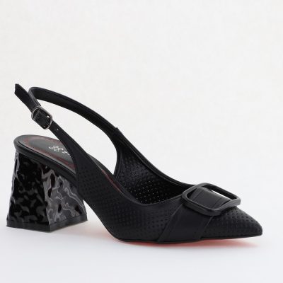 Pantofi Dama decupați cu Toc Piele Ecologica cu perforații negru mat (BS767AY2404030)