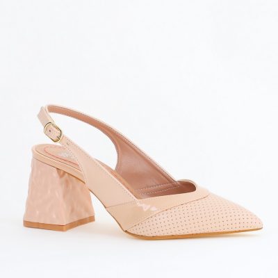 Pantofi Dama decupați cu Toc Piele Ecologica cu perforații bej mat BS771AY2404085