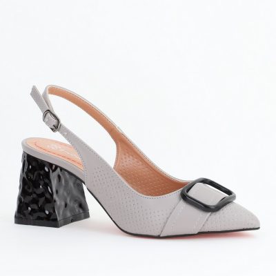 Pantofi Dama decupați cu Toc Piele Ecologica cu perforații Gri (BS767AY2404161)