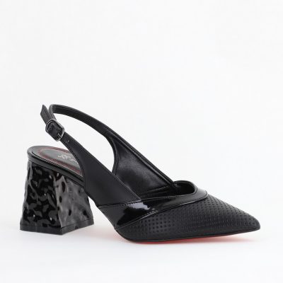 Pantofi Dama decupați cu Toc Piele Ecologica cu perforații negru mat BS771AY2404084