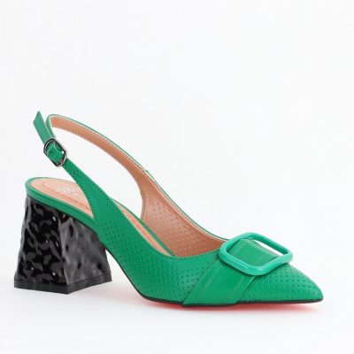 Pantofi Dama decupați cu Toc Piele Ecologica cu perforații Verde (BS767AY2404162)