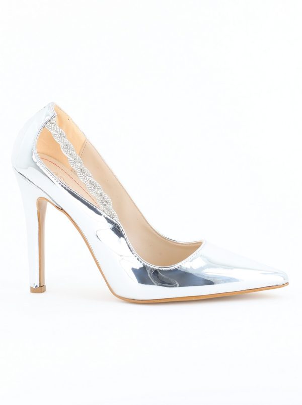 Pantofi Stiletto Damă cu Toc din Piele Ecologică cu pietricele impletite Argintiu (BS505AY2404021) 122