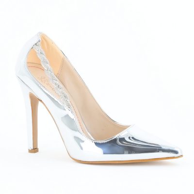 Pantofi Stiletto Damă cu Toc din Piele Ecologică cu pietricele impletite Argintiu (BS505AY2404021)