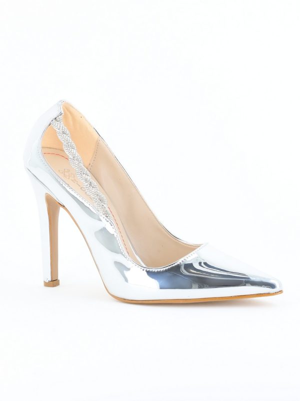 Incaltaminte Dama - Pantofi Stiletto Damă cu Toc din Piele Ecologică cu pietricele impletite Argintiu (BS505AY2404021)