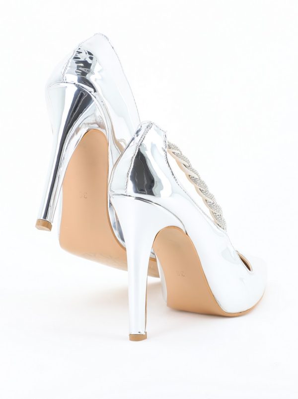 Pantofi Stiletto Damă cu Toc din Piele Ecologică cu pietricele impletite Argintiu (BS505AY2404021) 127
