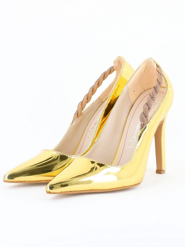 Pantofi Stiletto Damă cu Toc din Piele Ecologică cu pietricele impletite Auriu (BS505AY2404020) 122