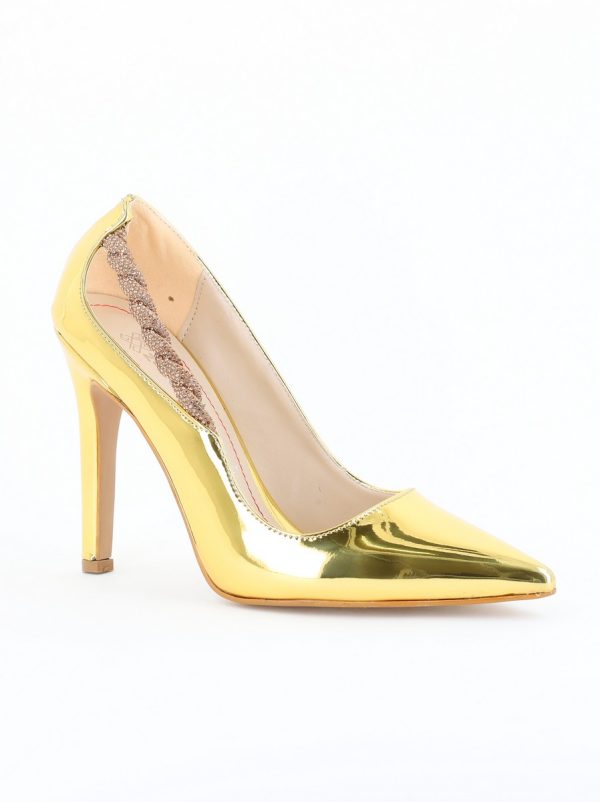 Incaltaminte Dama - Pantofi Stiletto Damă cu Toc din Piele Ecologică cu pietricele impletite Auriu (BS505AY2404020)