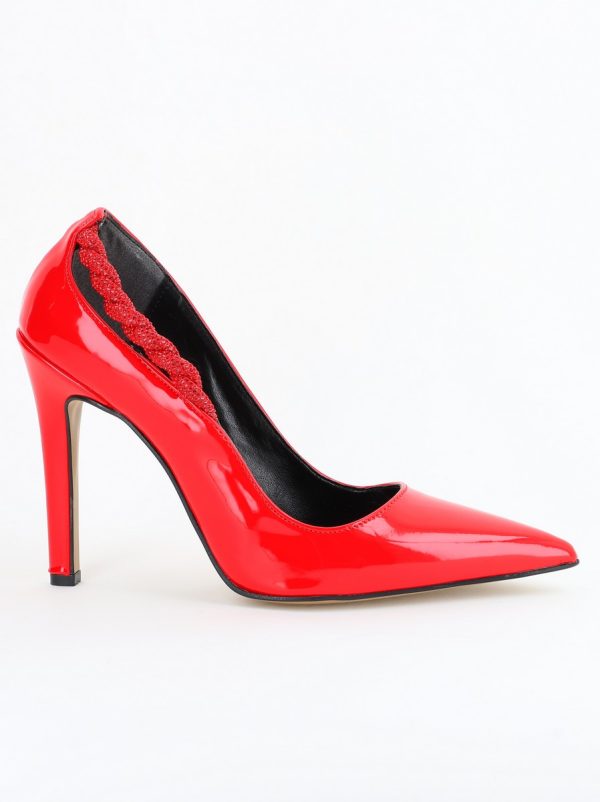 Pantofi Stiletto Damă cu Toc din Piele Ecologică cu pietricele impletite Roșu (BS505AY2404022) 123