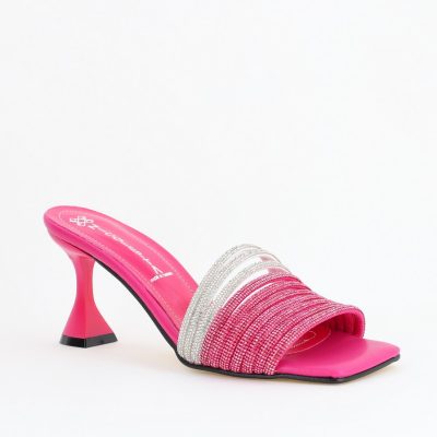Saboți cu toc pentru femei din piele ecologica cu detalii de pietricele în nuanță fuchsia (BS305TR2404198)