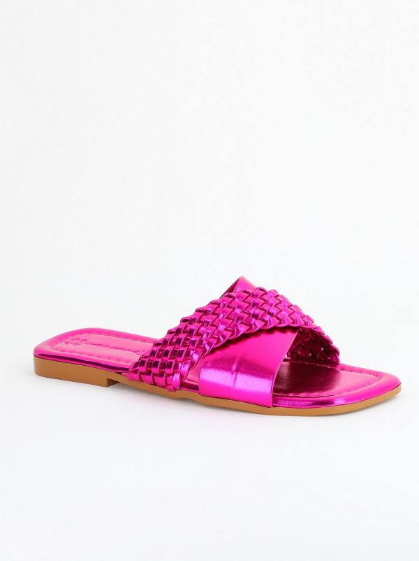 Incaltaminte Dama - Saboți din Piele eco cu Model Împletit în Nuanțe de Fuchsia Metalic (BS616TR2404053)